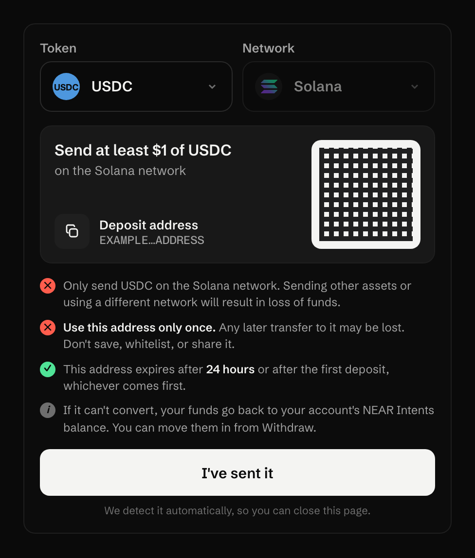 Use this address only once. Any later transfer to it may be lost. Don't save, whitelist, or share it.