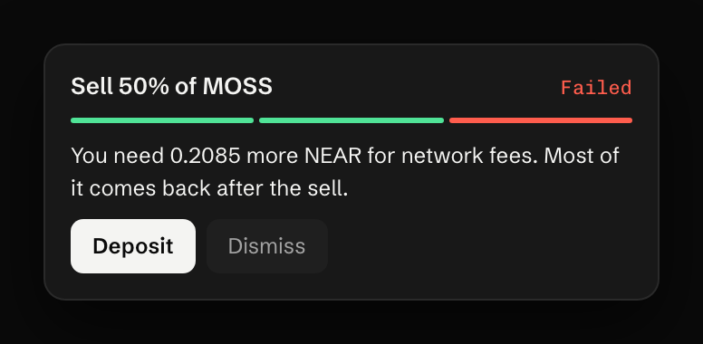 You need 0.2085 more NEAR for network fees. Most of it comes back after the sell.