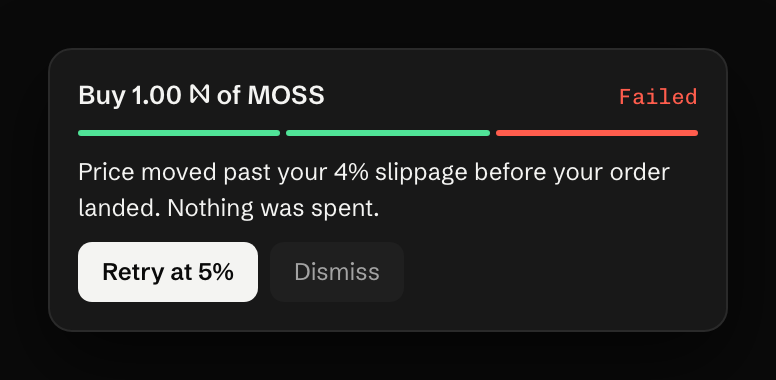 Price moved past your 4% slippage before your order landed. Nothing was spent.