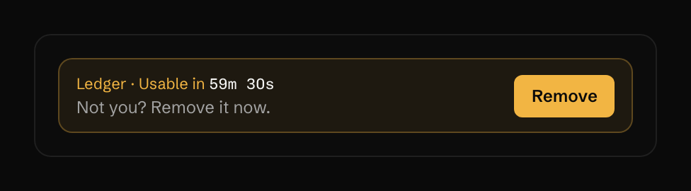 Ledger · Usable in 59m 30s Not you? Remove it now.