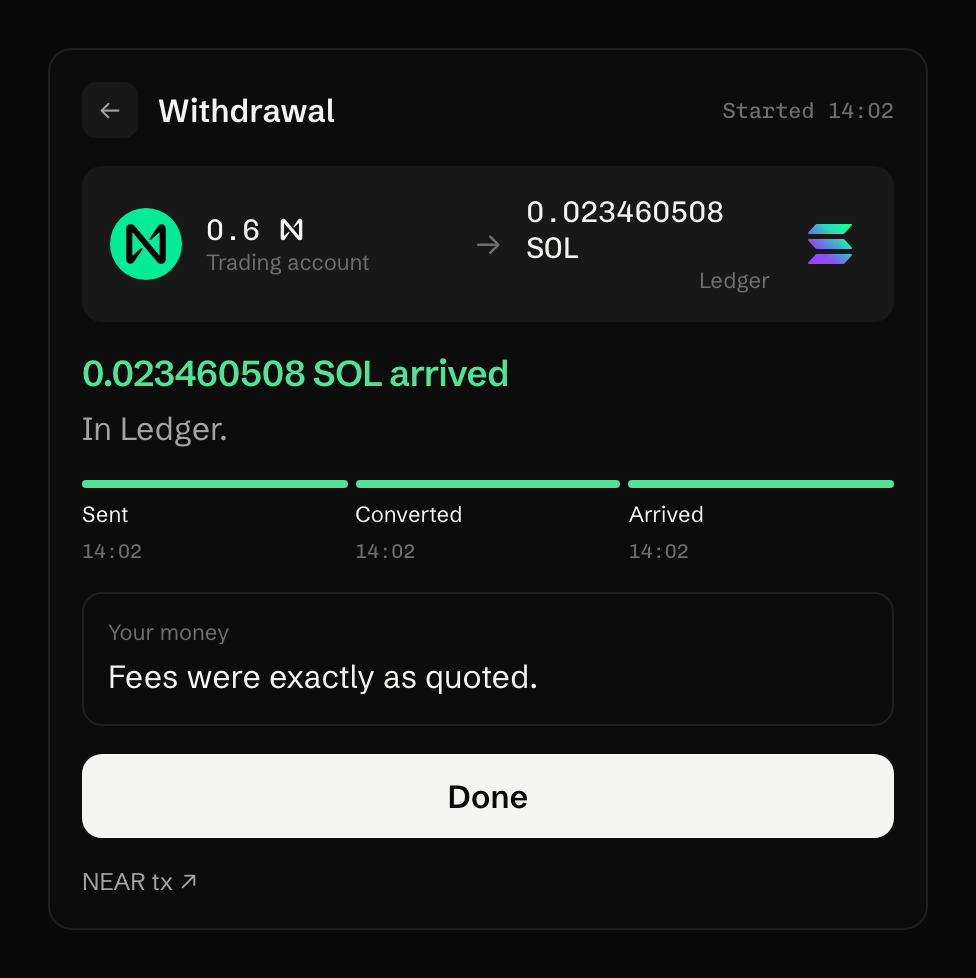 0.023460508 SOL arrived In Ledger. Fees were exactly as quoted.